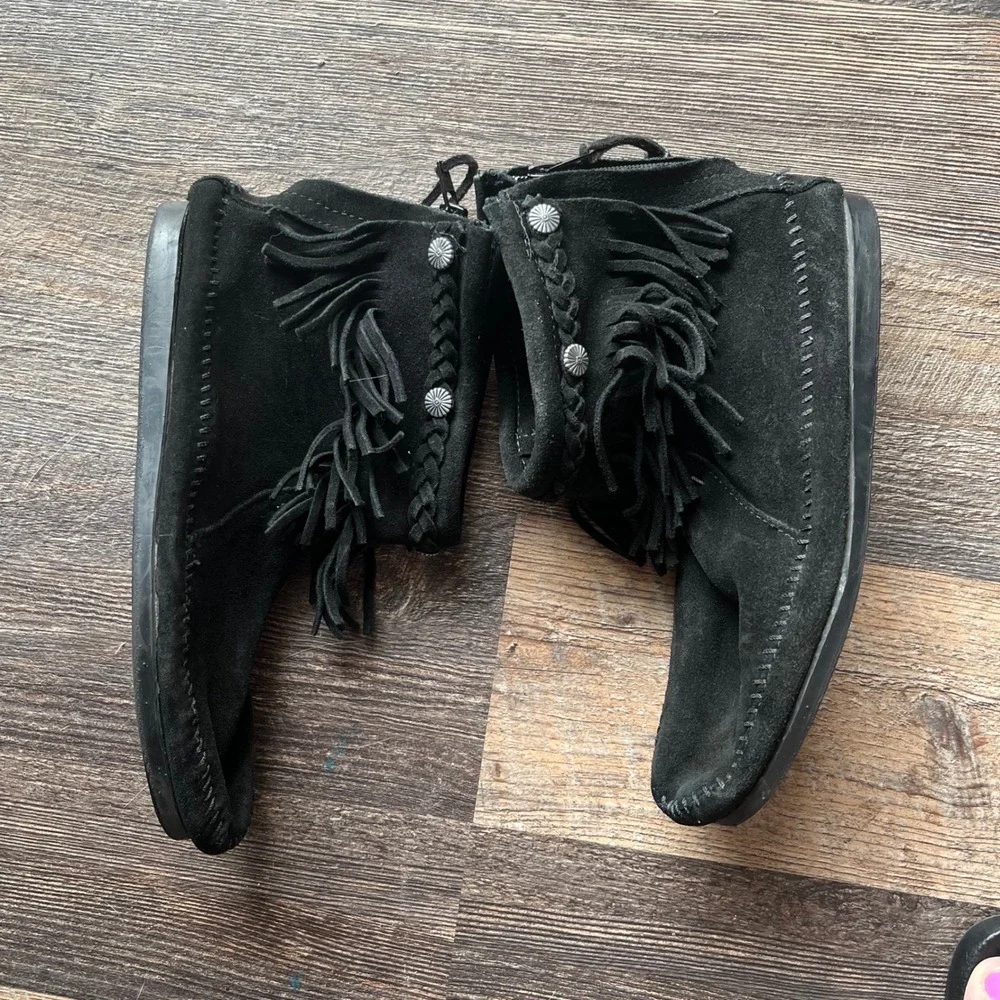 Moccasin Ankle Boots Black Suede‎ Fringe Detail Western Style